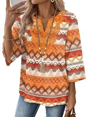 Women's Tops Orange 3/4 Length Sleeve Boho V Neck Lace Casual Vacation Clothes